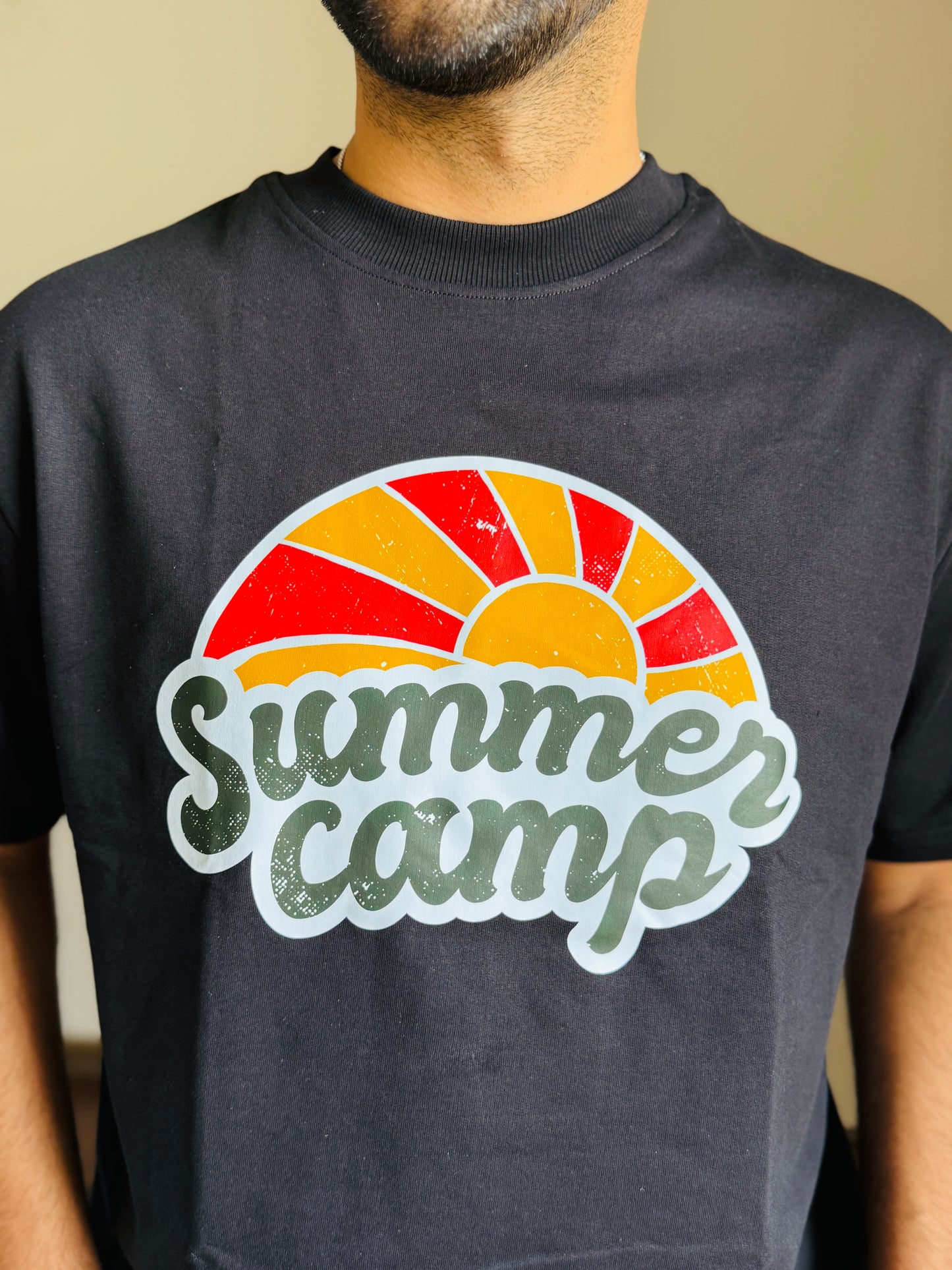 Oversized Fit Black Summer Camp Print T-Shirt