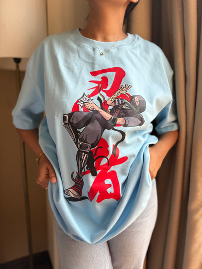 Oversized Fit Light Blue Ninja Fornight Print T-Shirt