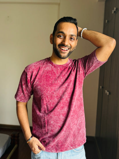 Acid Wash Oversized Fit Maroon T-Shirt