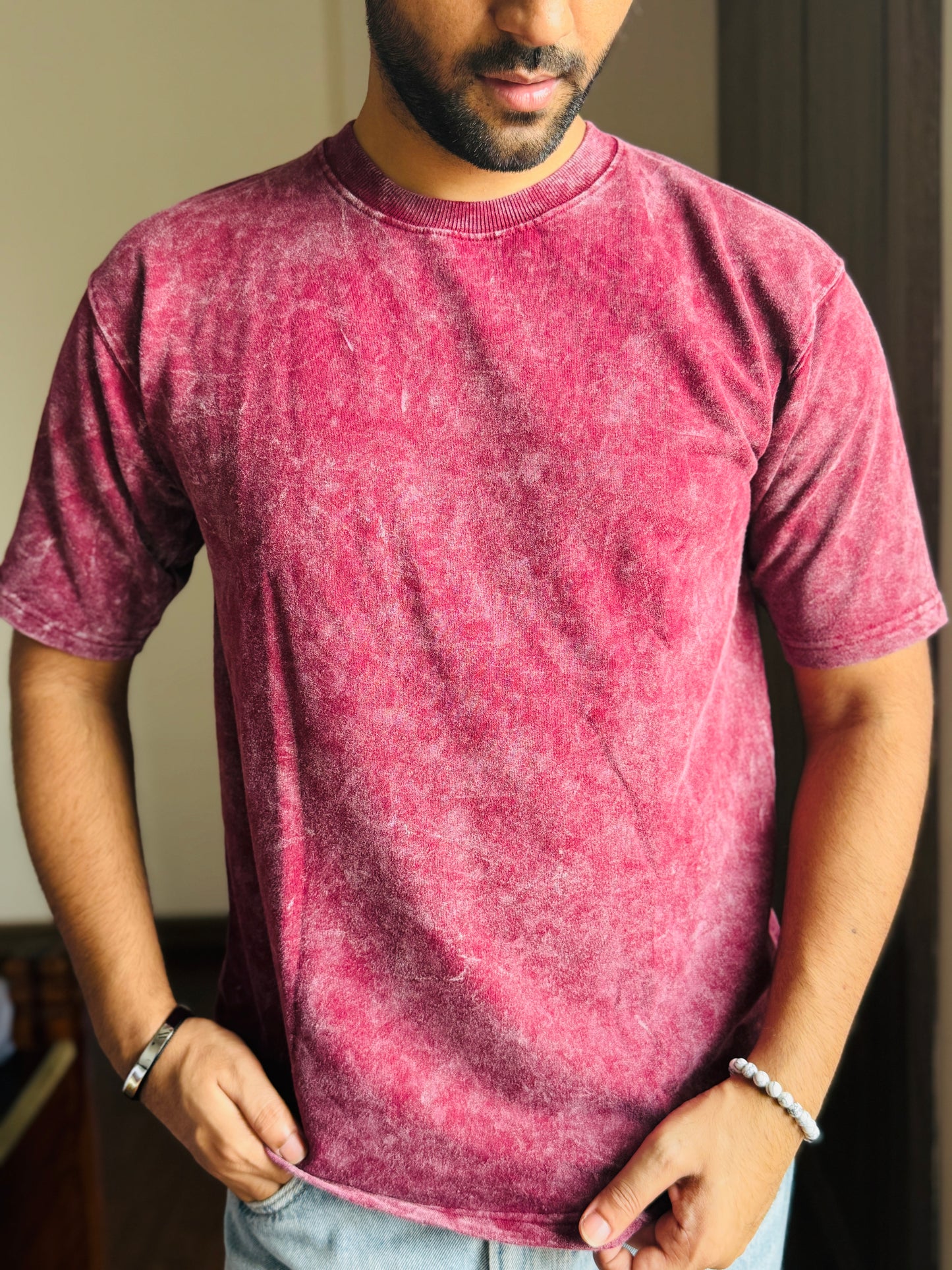 Acid Wash Oversized Fit Maroon T-Shirt