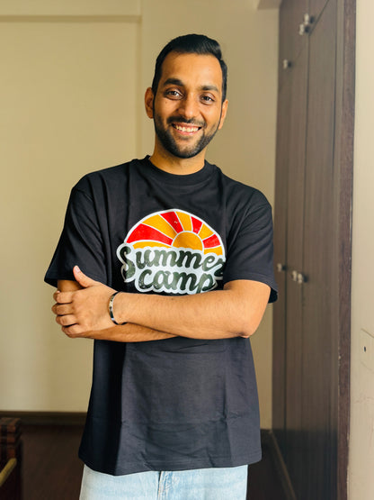 Oversized Fit Black Summer Camp Print T-Shirt