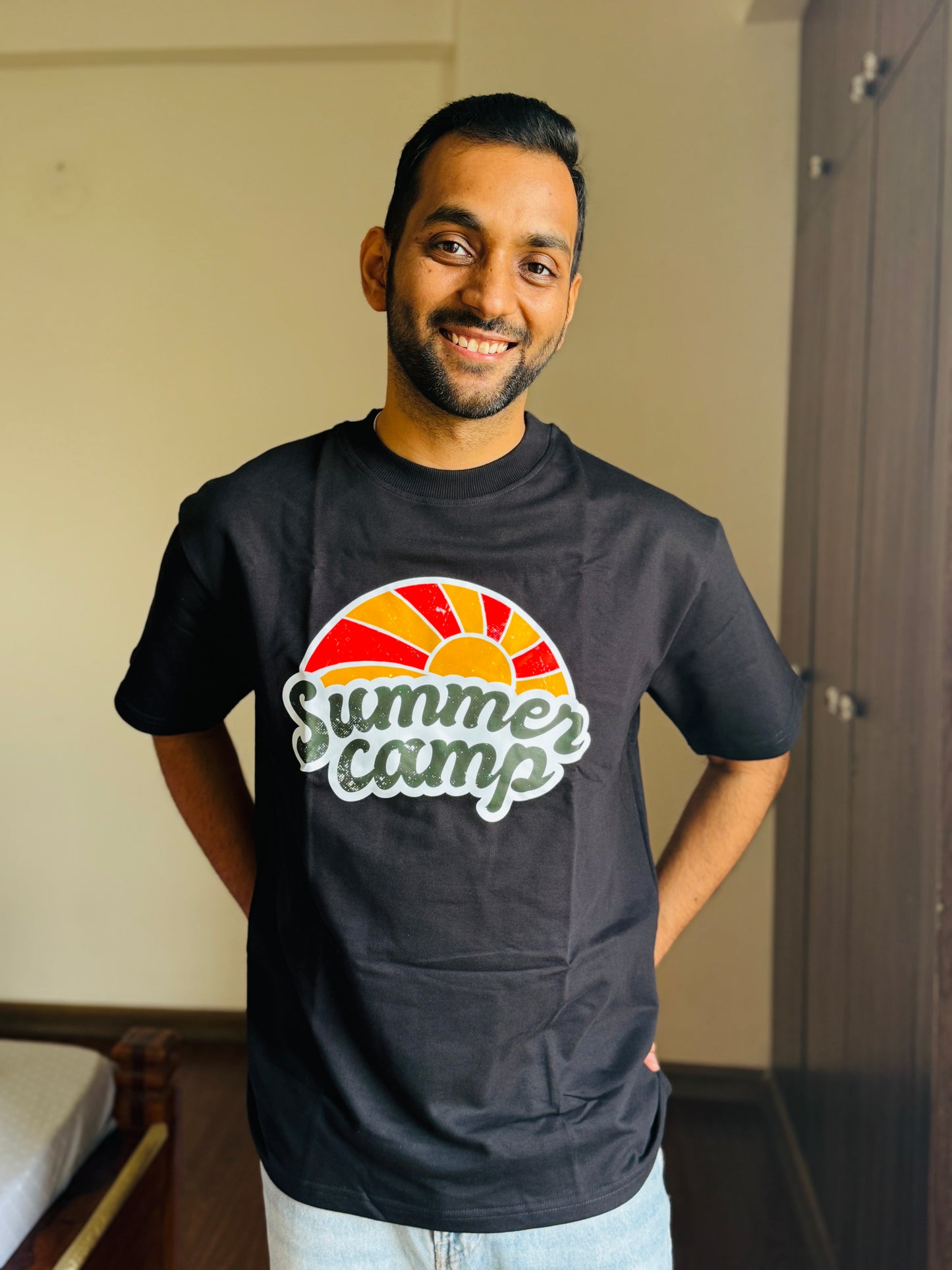 Oversized Fit Black Summer Camp Print T-Shirt