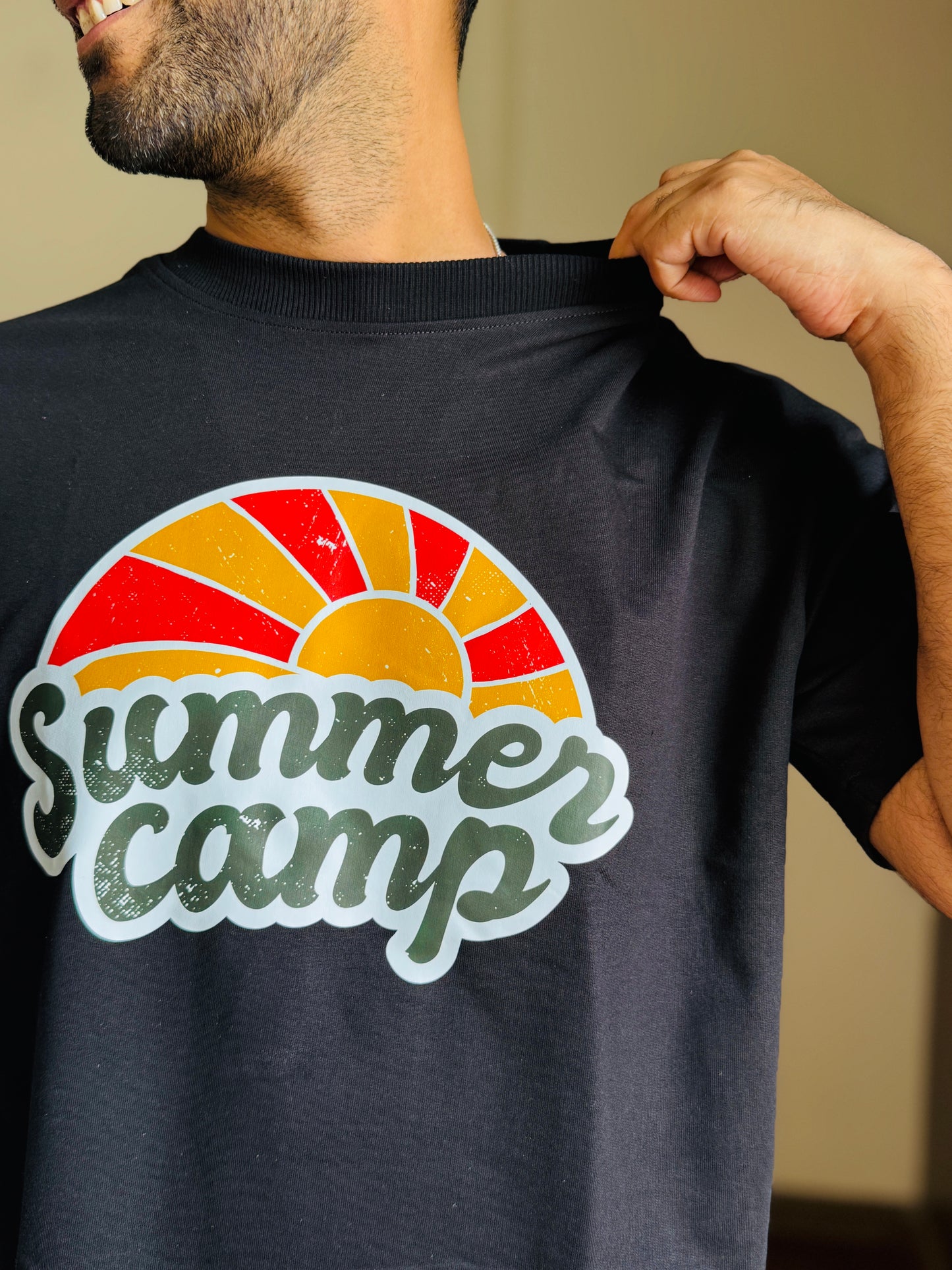 Oversized Fit Black Summer Camp Print T-Shirt