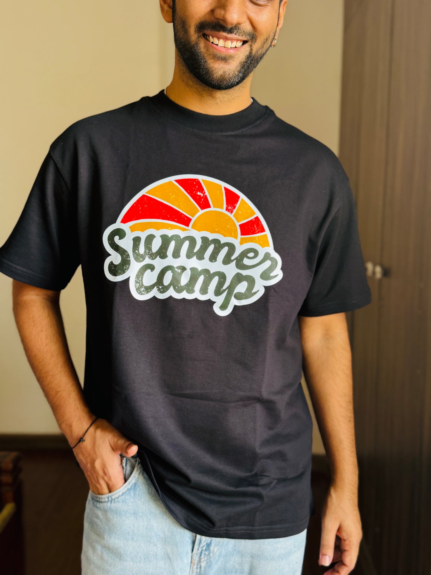 Oversized Fit Black Summer Camp Print T-Shirt