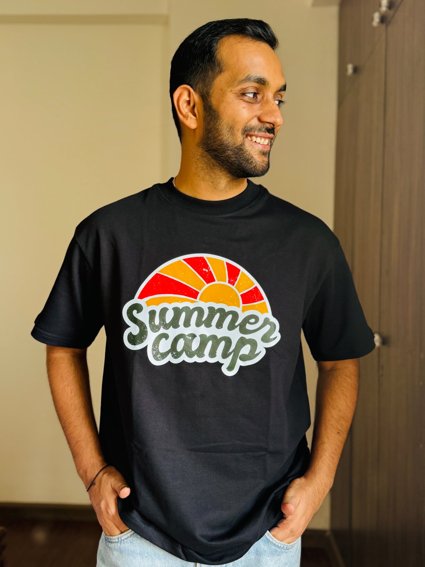 Oversized Fit Black Summer Camp Print T-Shirt