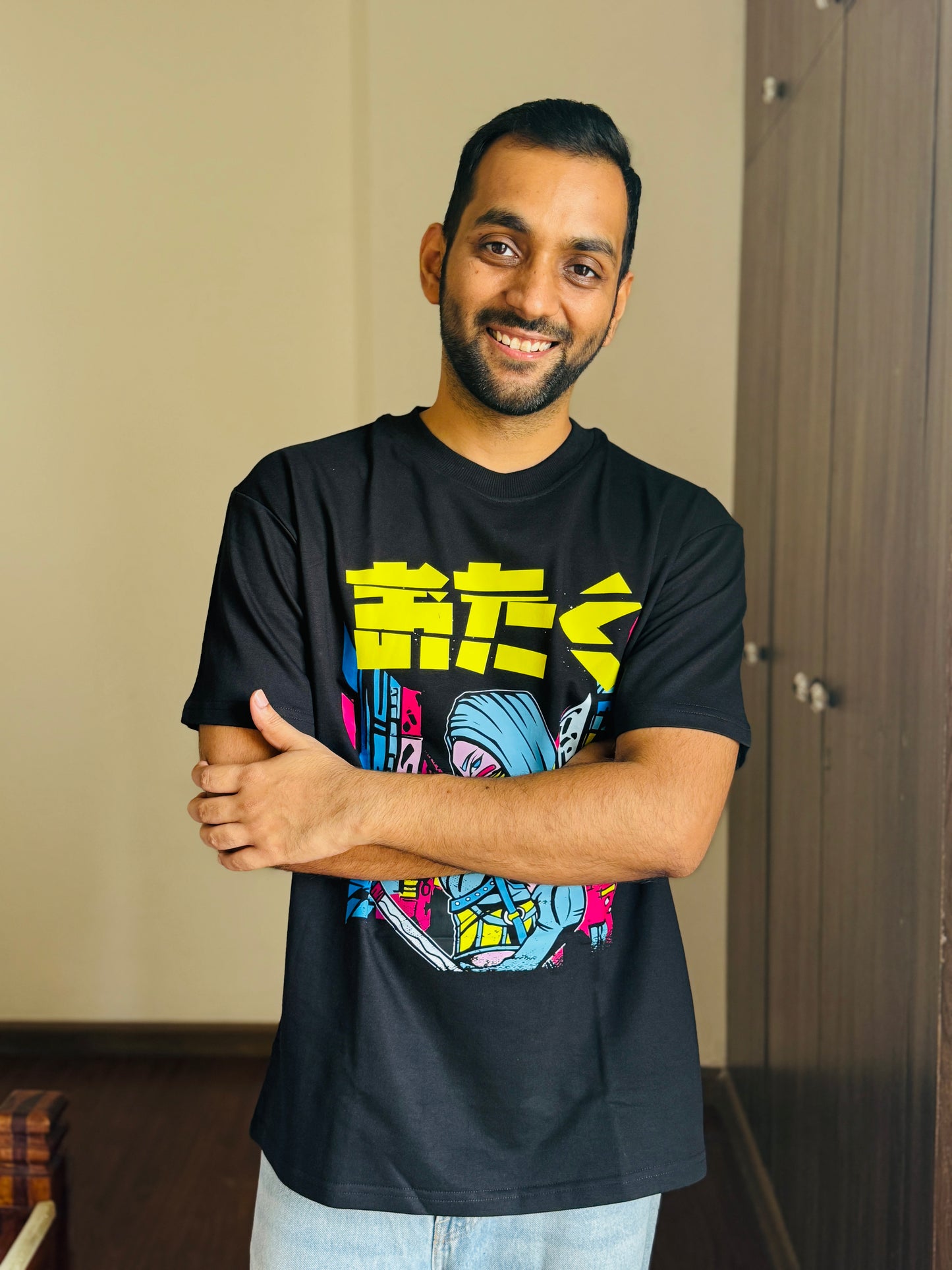 Oversized Fit Black Ninja Urban Print T-Shirt