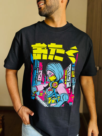 Oversized Fit Black Ninja Urban Print T-Shirt
