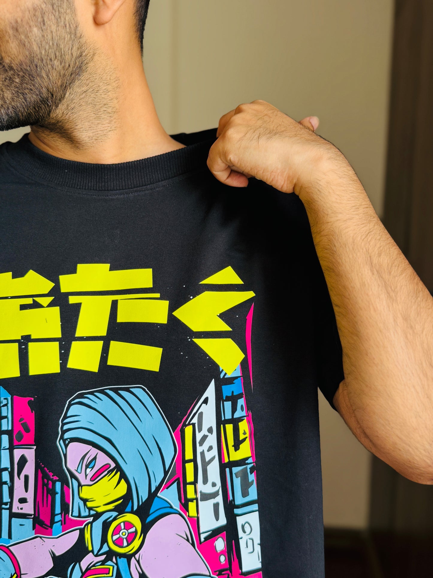 Oversized Fit Black Ninja Urban Print T-Shirt