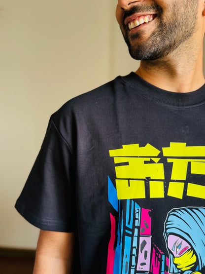 Oversized Fit Black Ninja Urban Print T-Shirt