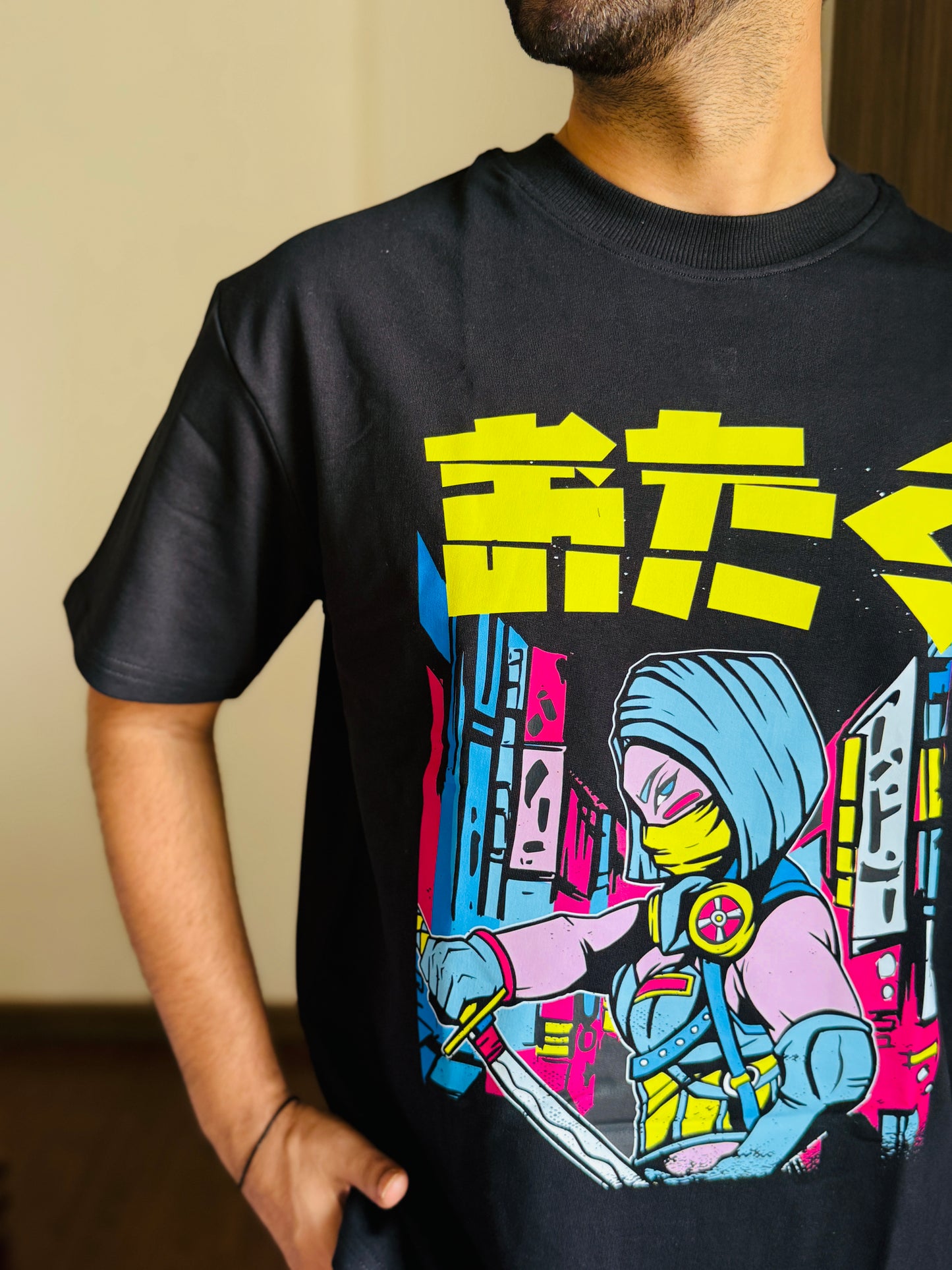 Oversized Fit Black Ninja Urban Print T-Shirt