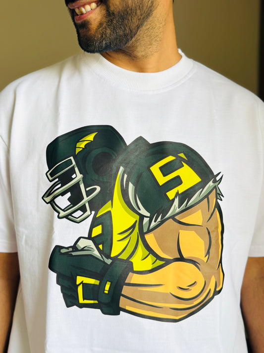 Oversized Fit White American Footballer Print T-Shirt