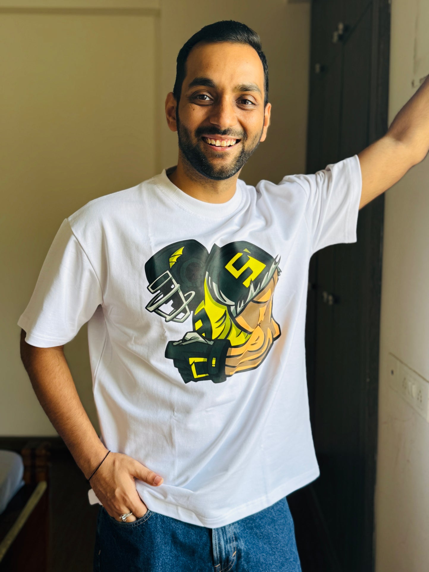 Oversized Fit White American Footballer Print T-Shirt