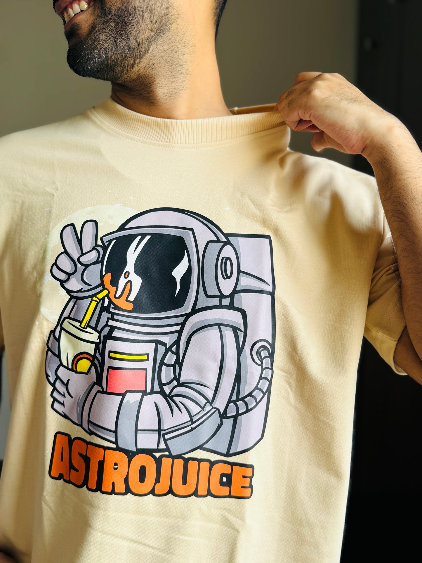 Oversized Fit Beige Astrojuice Print T-Shirt