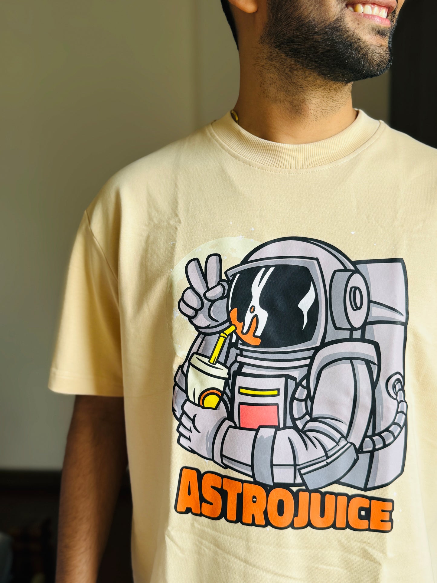 Oversized Fit Beige Astrojuice Print T-Shirt