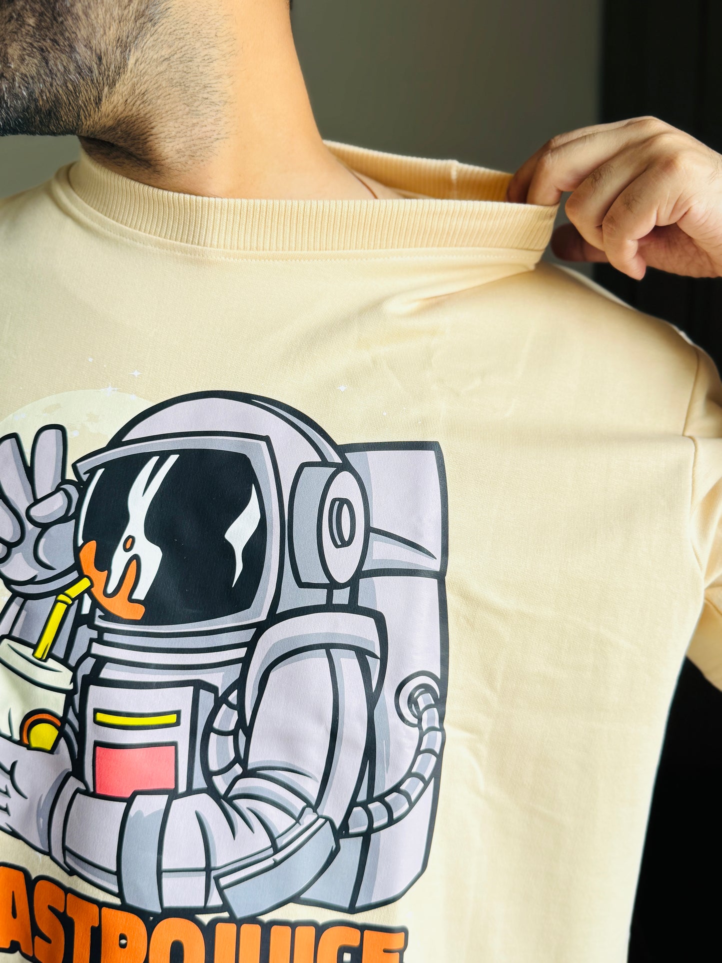 Oversized Fit Beige Astrojuice Print T-Shirt