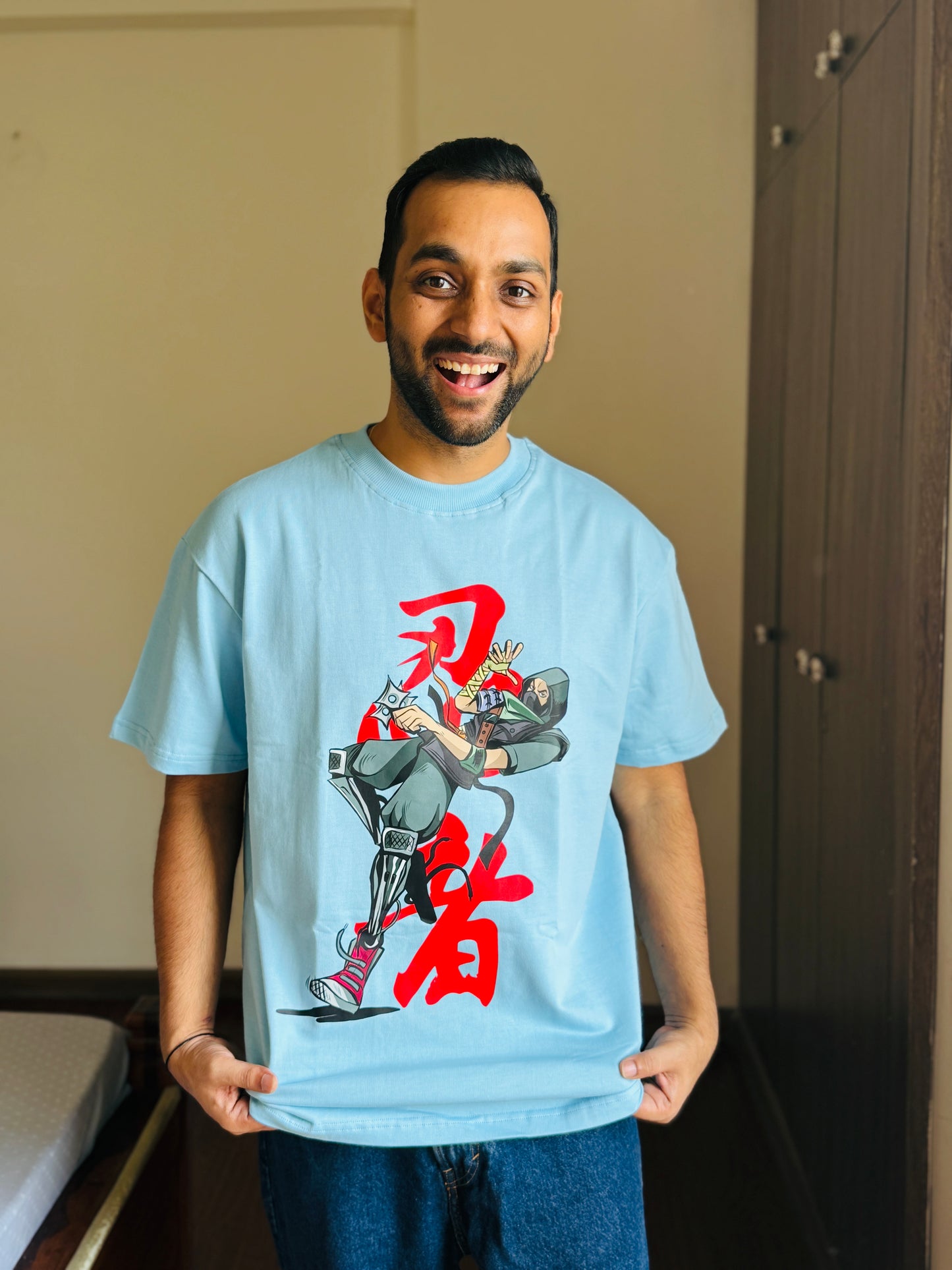 Oversized Fit Light Blue Ninja Fornight Print T-Shirt