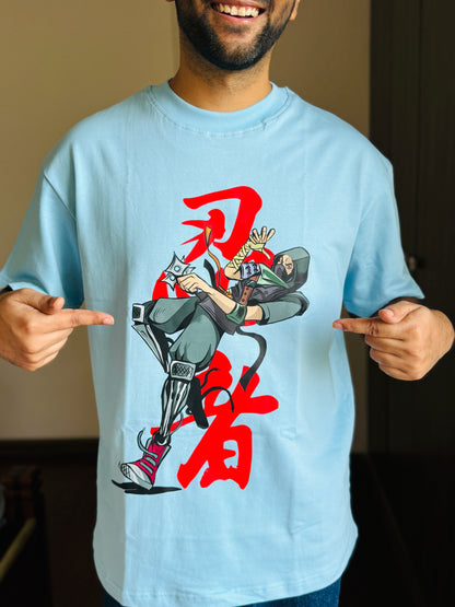 Oversized Fit Light Blue Ninja Fornight Print T-Shirt