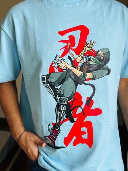 Oversized Fit Light Blue Ninja Fornight Print T-Shirt