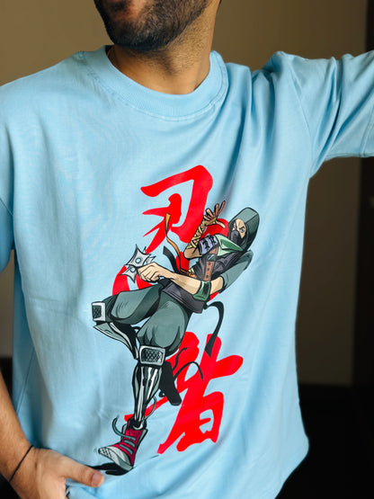 Oversized Fit Light Blue Ninja Fornight Print T-Shirt