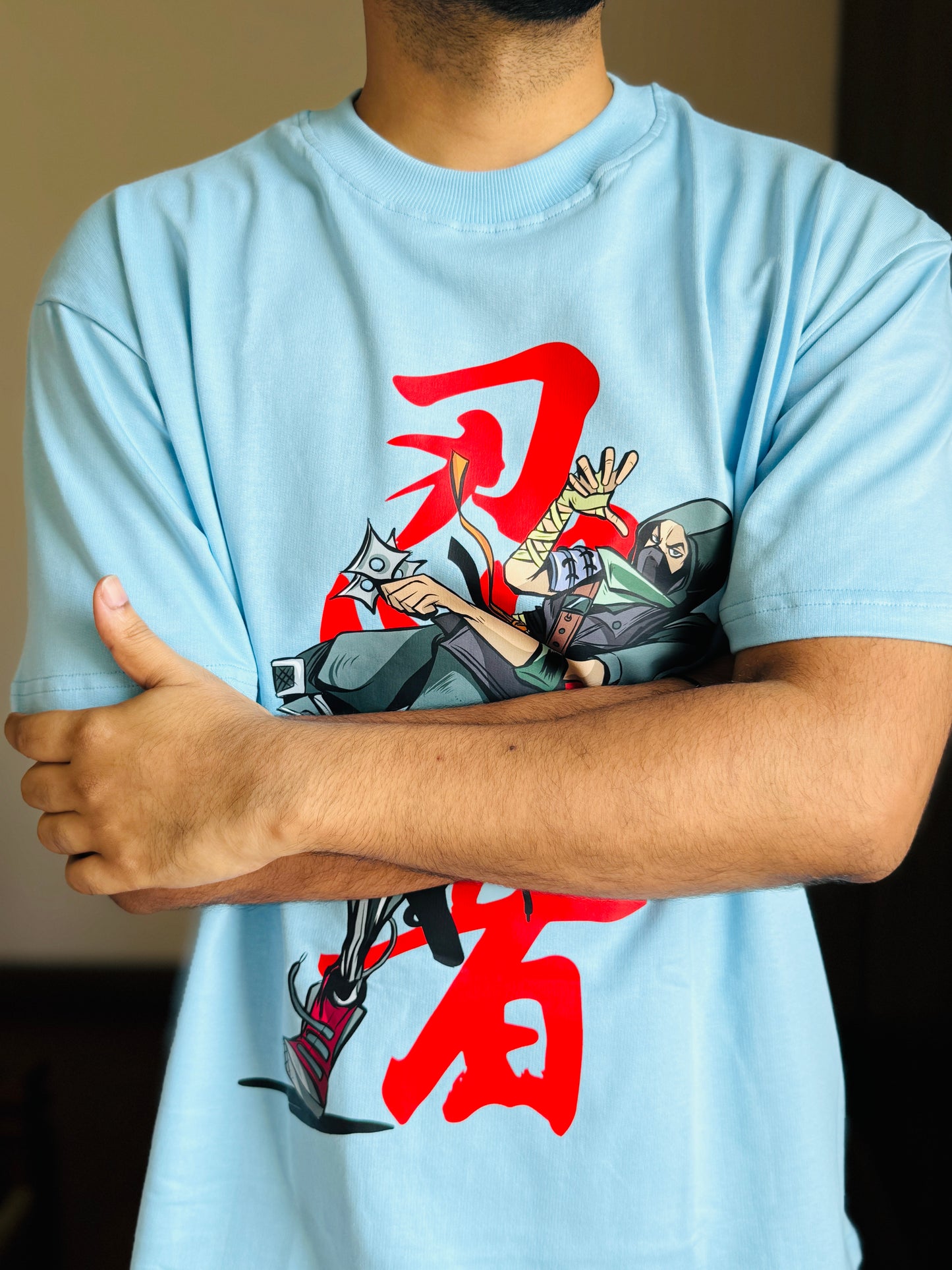 Oversized Fit Light Blue Ninja Fornight Print T-Shirt