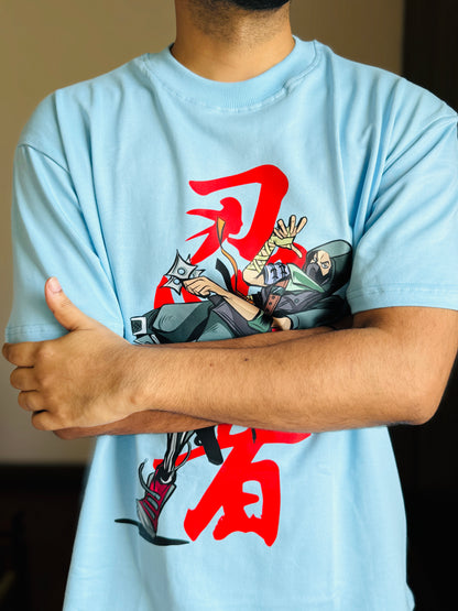 Oversized Fit Light Blue Ninja Fornight Print T-Shirt