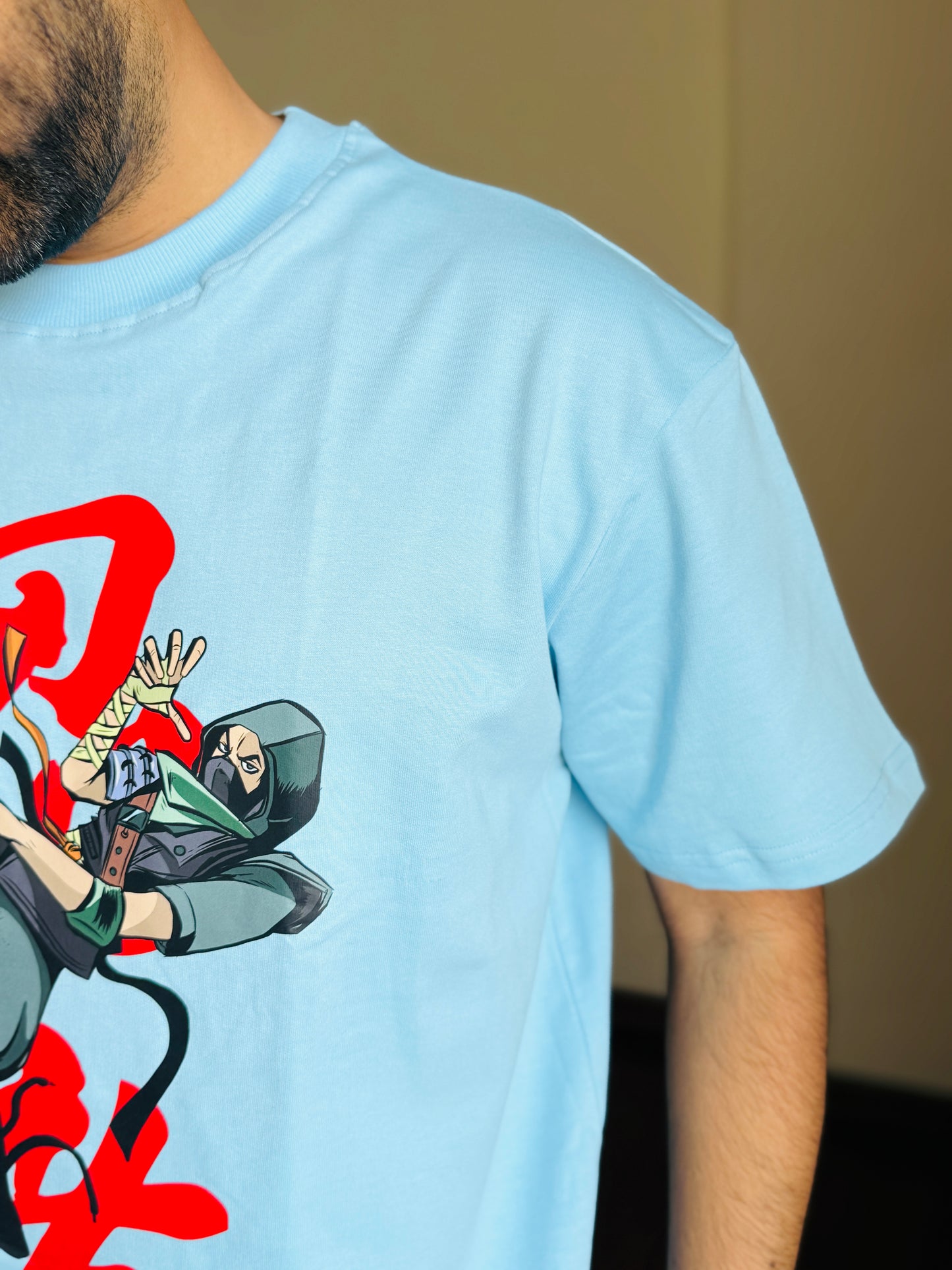 Oversized Fit Light Blue Ninja Fornight Print T-Shirt
