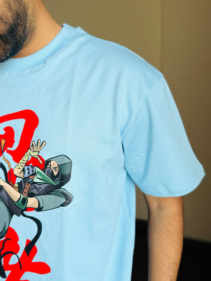 Oversized Fit Light Blue Ninja Fornight Print T-Shirt