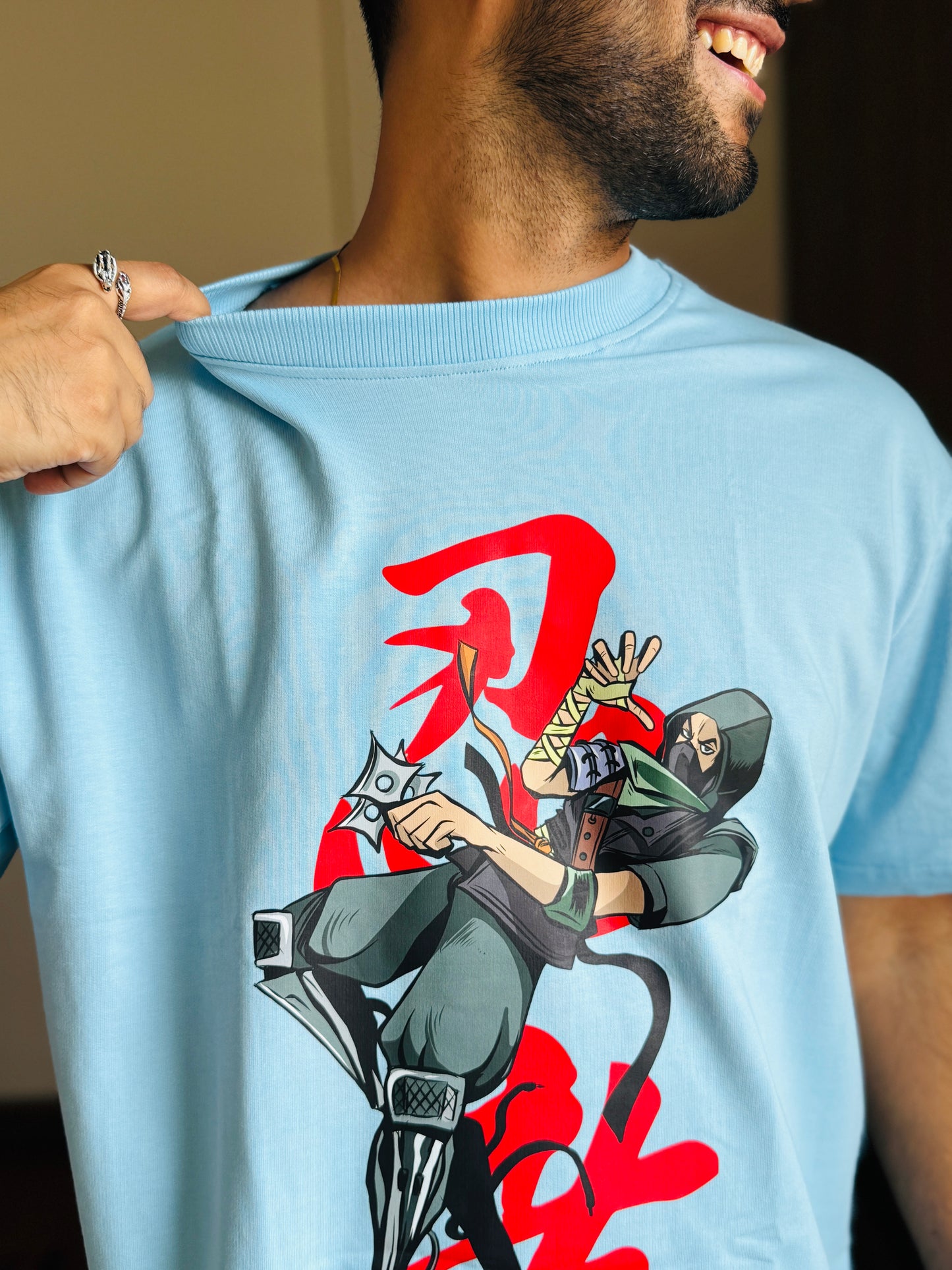 Oversized Fit Light Blue Ninja Fornight Print T-Shirt
