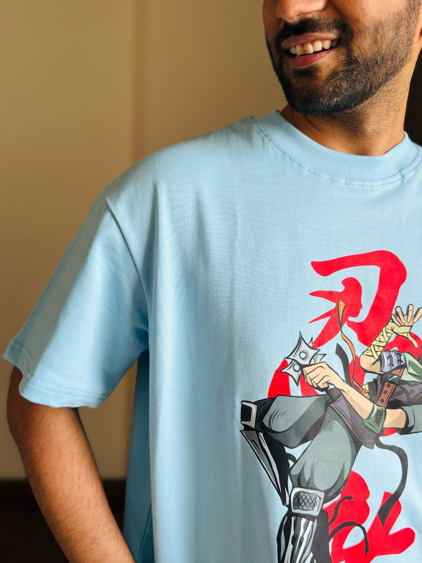 Oversized Fit Light Blue Ninja Fornight Print T-Shirt
